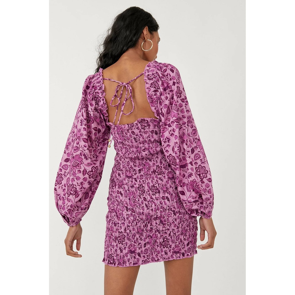 Free People Purple Floral Smocked Mini Dress Balloon Sleeve Size S OB1438613 NWT - Picture 11 of 13